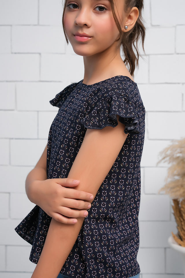 Girls Black Ruffle Armhole Floral Pattern Print Top