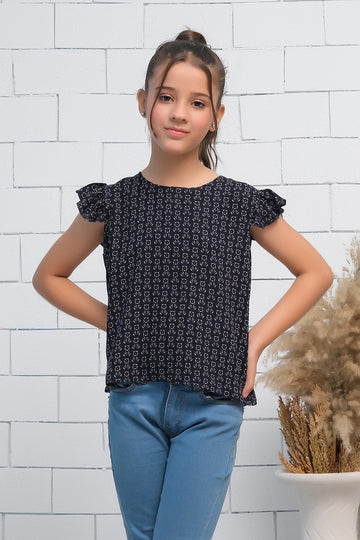 Girls Black Ruffle Armhole Floral Pattern Print Top