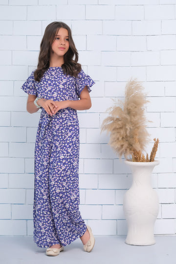 Ditsy Purple Floral Print Butterfly Sleeve Shirred Jumpsuit