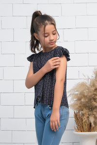 Girls Black Ruffle Armhole Floral Pattern Print Top - Fabric - shirts, topsshirts, kids-clearance - Sprinkles Pakistan