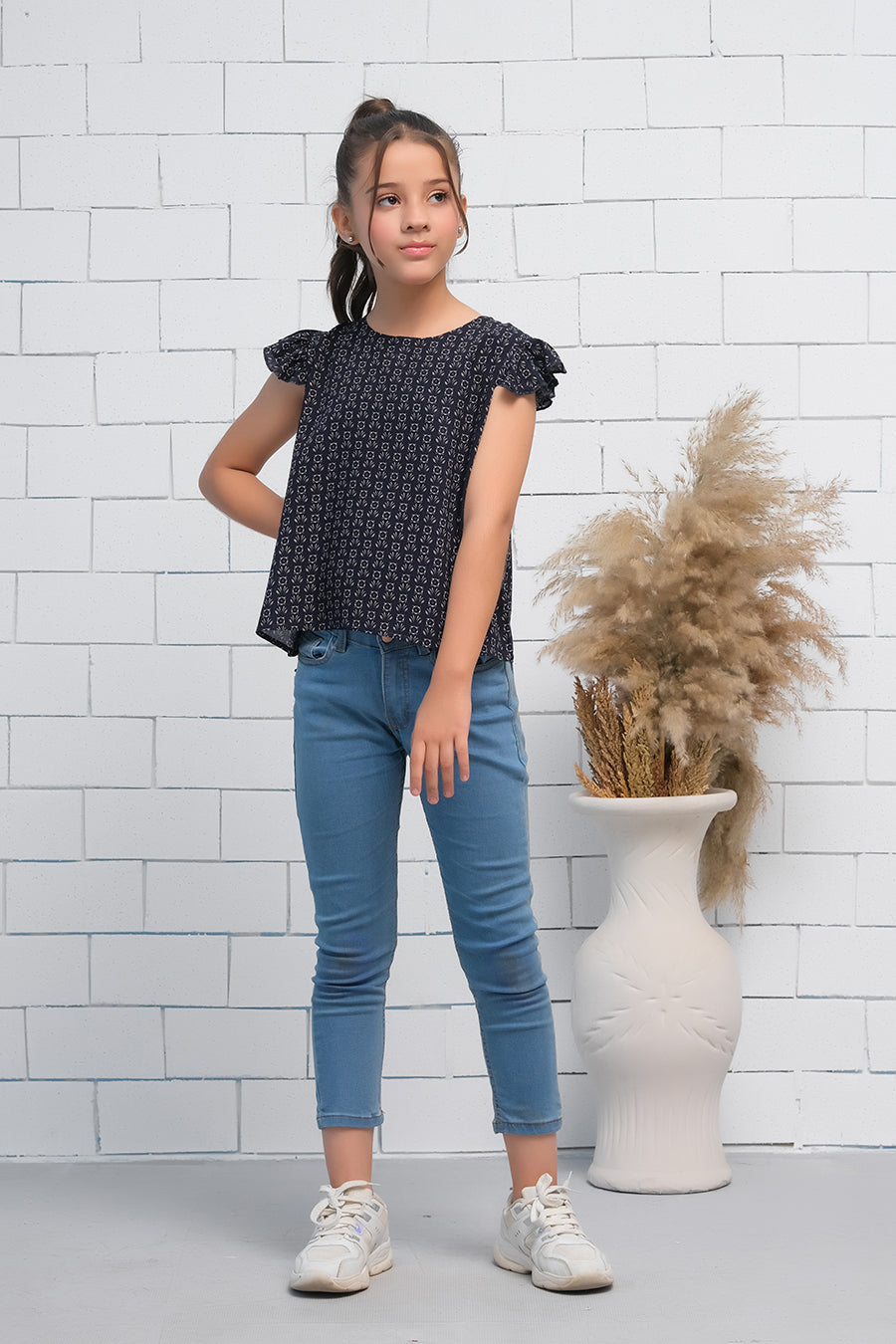 Girls Black Ruffle Armhole Floral Pattern Print Top - Fabric - shirts, topsshirts, kids-clearance - Sprinkles Pakistan
