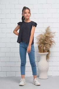 Girls Black Ruffle Armhole Floral Pattern Print Top - Fabric - shirts, topsshirts, kids-clearance - Sprinkles Pakistan