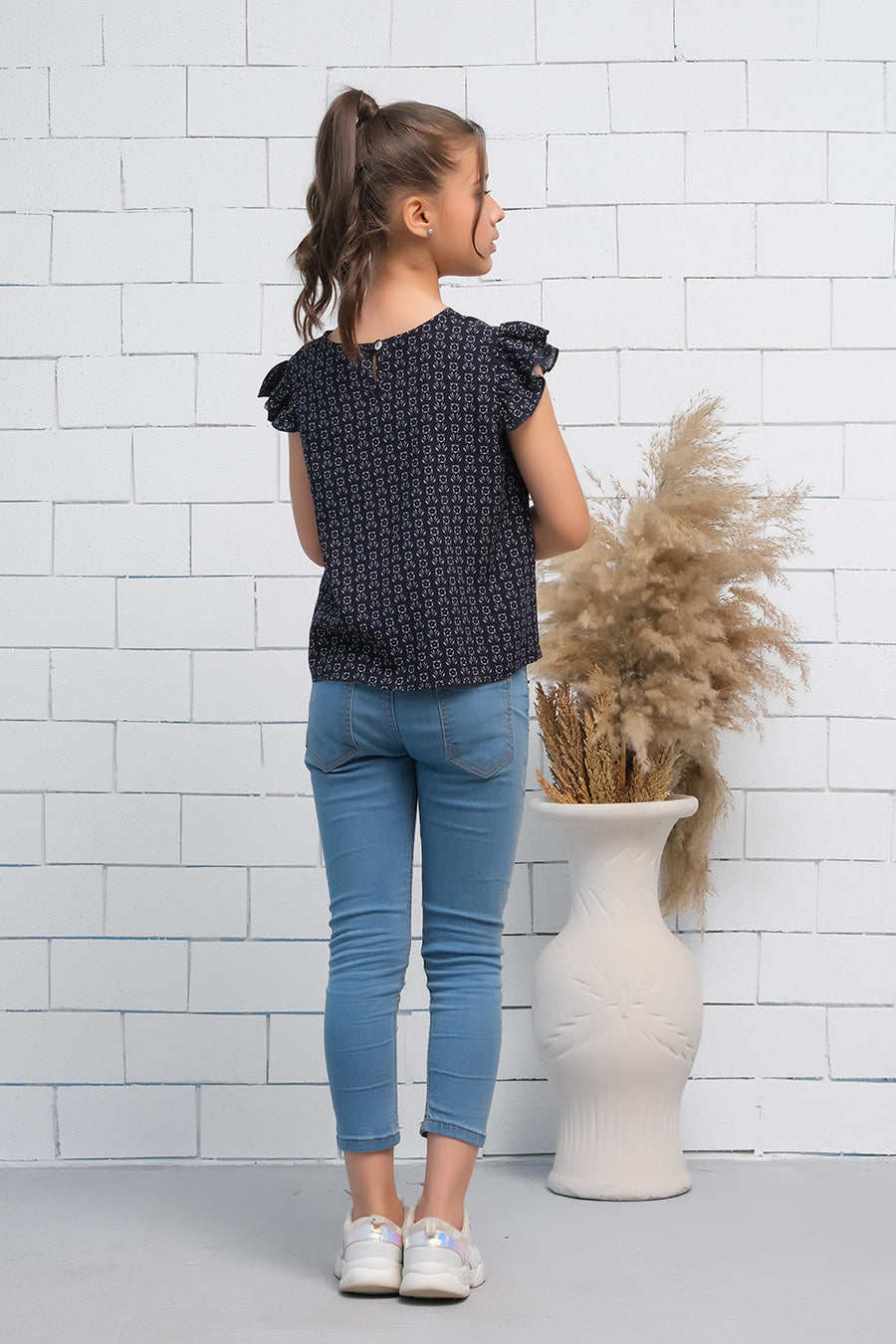 Girls Black Ruffle Armhole Floral Pattern Print Top - Fabric - shirts, topsshirts, kids-clearance - Sprinkles Pakistan