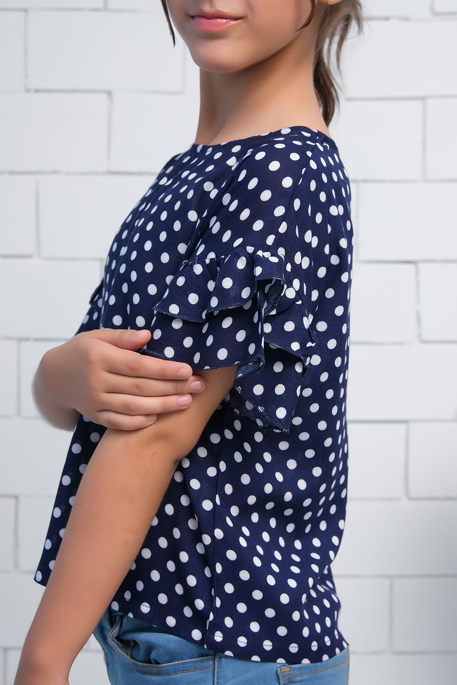 Navy Blue Polka Dots Ruffle Half Sleeves Print Top