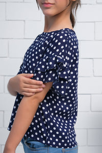 Navy Blue Polka Dots Ruffle Half Sleeves Print Top - Fabric - shirts, topsshirts, kids-clearance - Sprinkles Pakistan