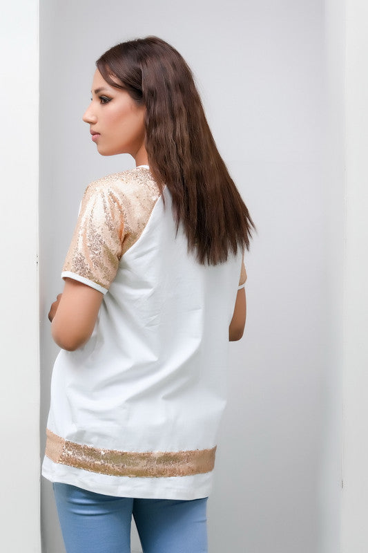 White Top with Golden Sequence Pocket - Cotton - new-arrivals, shirts, kids-clearance - Sprinkles Pakistan