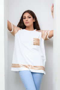 White Top with Golden Sequence Pocket - Cotton - new-arrivals, shirts, kids-clearance - Sprinkles Pakistan