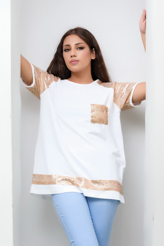 White Top with Golden Sequence Pocket - Cotton - new-arrivals, shirts, kids-clearance - Sprinkles Pakistan