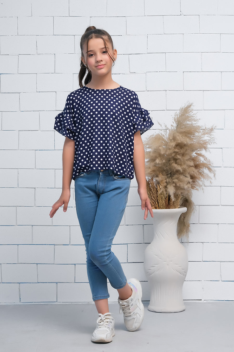 Navy Blue Polka Dots Ruffle Half Sleeves Print Top - Fabric - shirts, topsshirts, kids-clearance - Sprinkles Pakistan