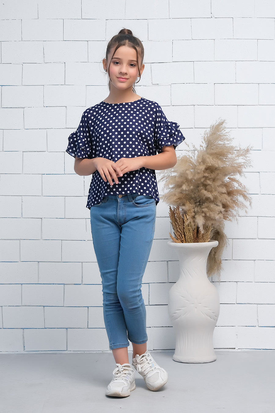 Navy Blue Polka Dots Ruffle Half Sleeves Print Top - Fabric - shirts, topsshirts, kids-clearance - Sprinkles Pakistan