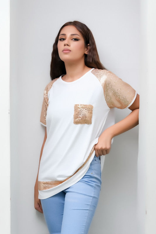 White Top with Golden Sequence Pocket - Cotton - new-arrivals, shirts, kids-clearance - Sprinkles Pakistan