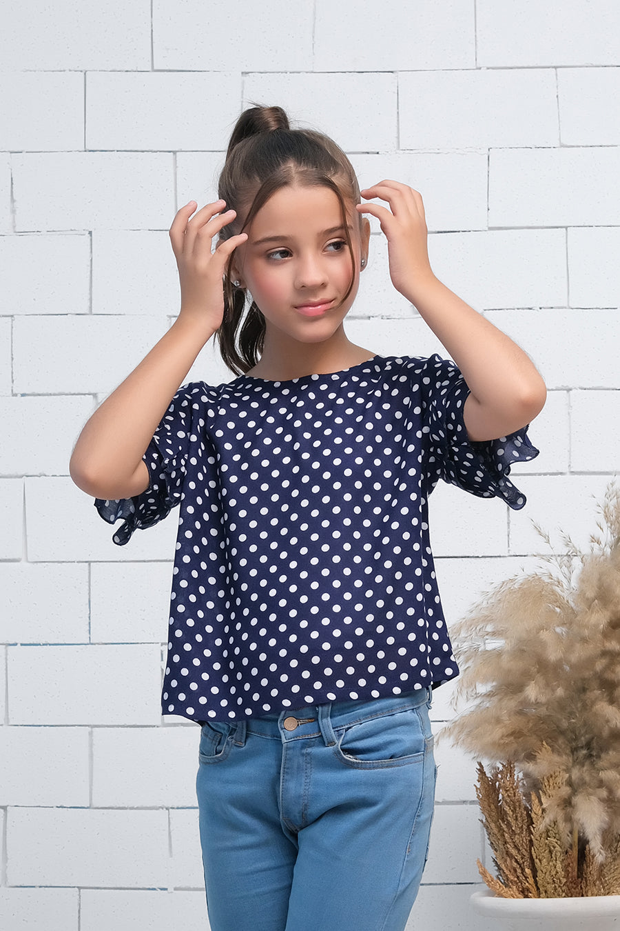 Navy Blue Polka Dots Ruffle Half Sleeves Print Top - Fabric - shirts, topsshirts, kids-clearance - Sprinkles Pakistan