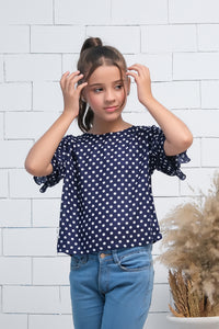 Navy Blue Polka Dots Ruffle Half Sleeves Print Top - Fabric - shirts, topsshirts, kids-clearance - Sprinkles Pakistan