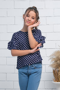 Navy Blue Polka Dots Ruffle Half Sleeves Print Top - Fabric - shirts, topsshirts, kids-clearance - Sprinkles Pakistan