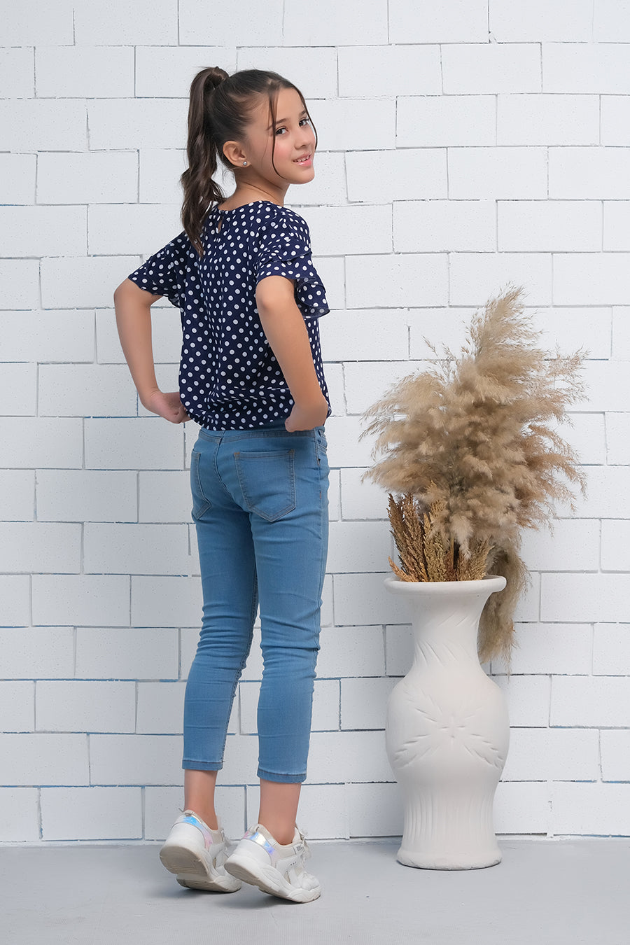 Navy Blue Polka Dots Ruffle Half Sleeves Print Top - Fabric - shirts, topsshirts, kids-clearance - Sprinkles Pakistan
