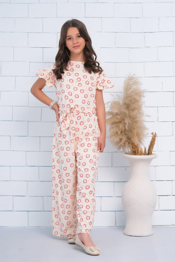 Pink Allover Sunflower Print Butterfly Sleeve Shirred Jumpsuit