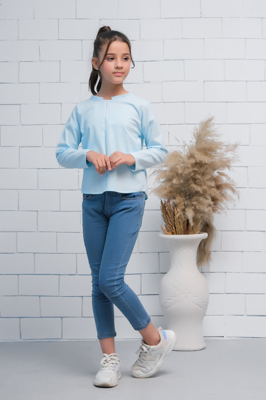 Blue Strip Boat Neck Long Sleeves Top - Fabric - shirts, topsshirts, kids-clearance - Sprinkles Pakistan
