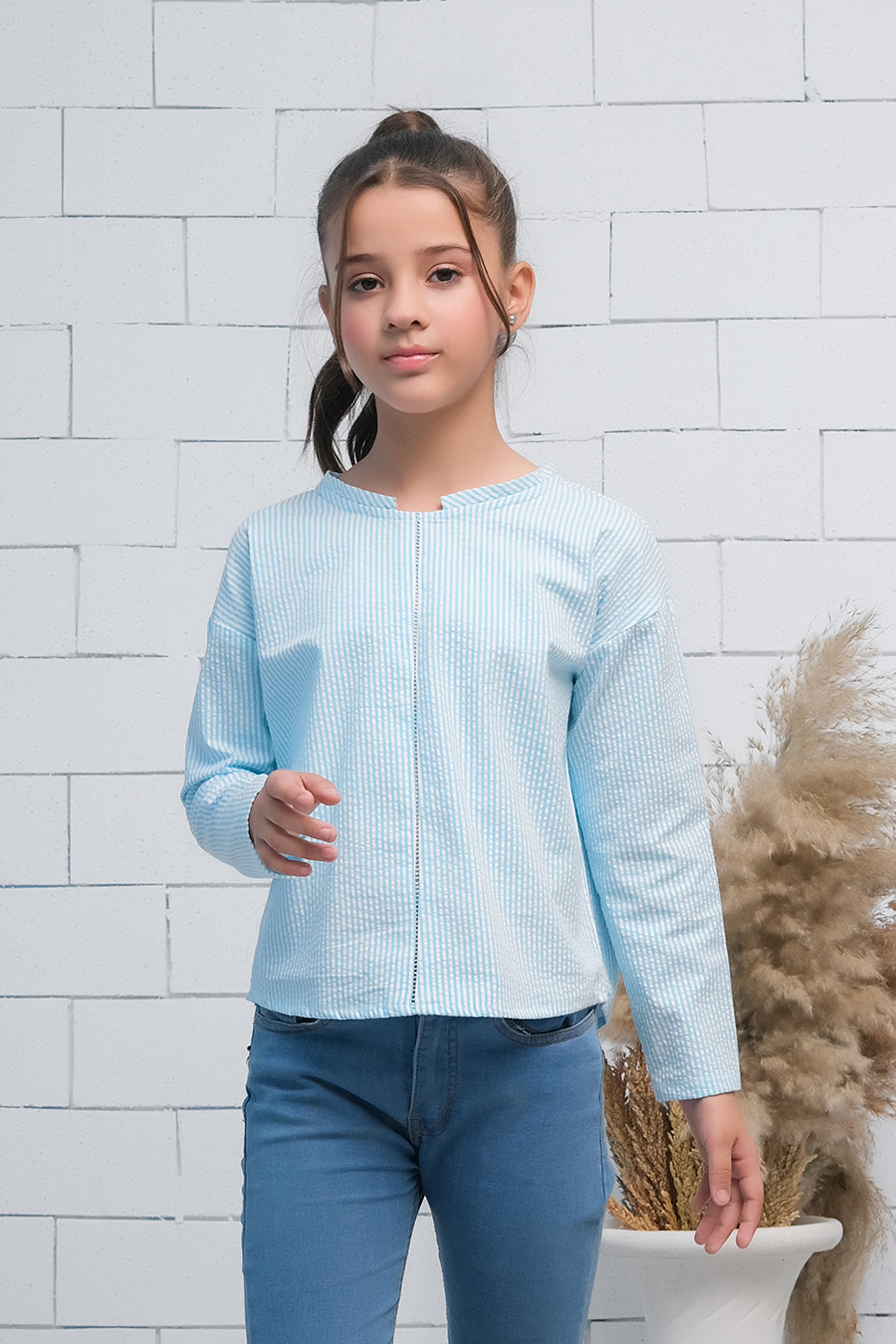 Blue Strip Boat Neck Long Sleeves Top - Fabric - shirts, topsshirts, kids-clearance - Sprinkles Pakistan