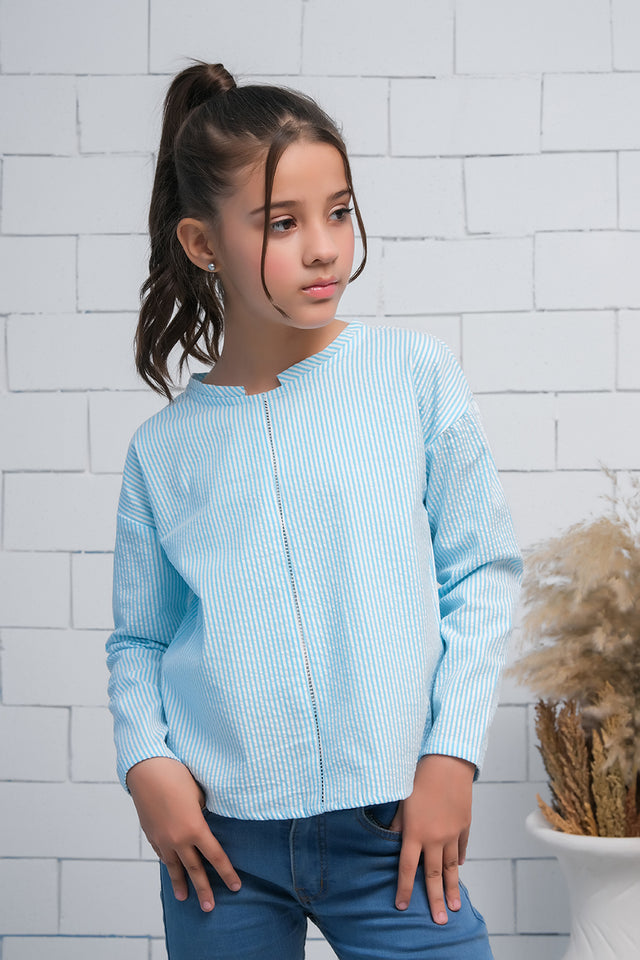 Blue Strip Boat Neck Long Sleeves Top - Fabric - shirts, topsshirts, kids-clearance - Sprinkles Pakistan