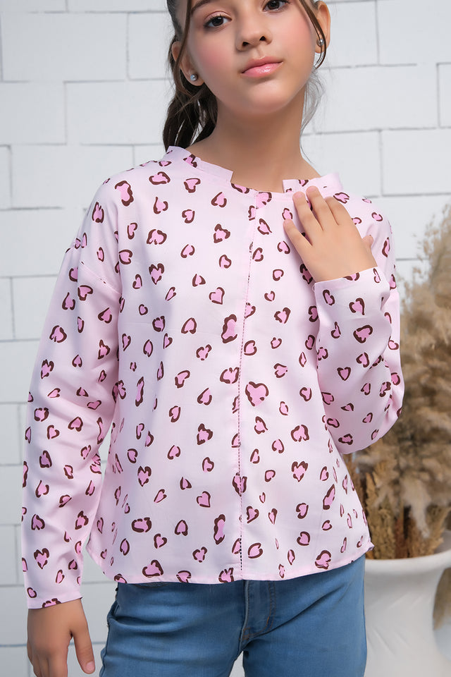 Pink Allover Leaves Print Boat Neck Long Sleeves Print Top - Fabric - shirts, topsshirts, kids-clearance - Sprinkles Pakistan