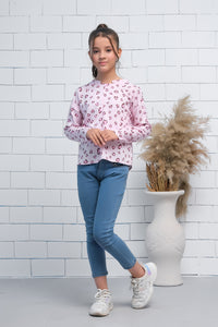 Pink Allover Leaves Print Boat Neck Long Sleeves Print Top - Fabric - shirts, topsshirts, kids-clearance - Sprinkles Pakistan