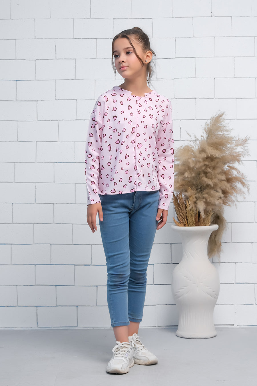 Pink Allover Leaves Print Boat Neck Long Sleeves Print Top - Fabric - shirts, topsshirts, kids-clearance - Sprinkles Pakistan