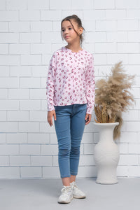 Pink Allover Leaves Print Boat Neck Long Sleeves Print Top - Fabric - shirts, topsshirts, kids-clearance - Sprinkles Pakistan