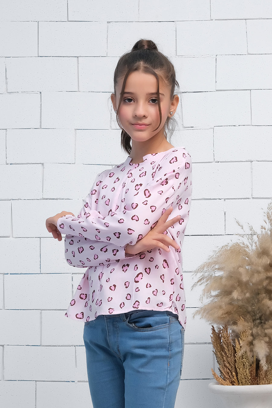 Pink Allover Leaves Print Boat Neck Long Sleeves Print Top - Fabric - shirts, topsshirts, kids-clearance - Sprinkles Pakistan