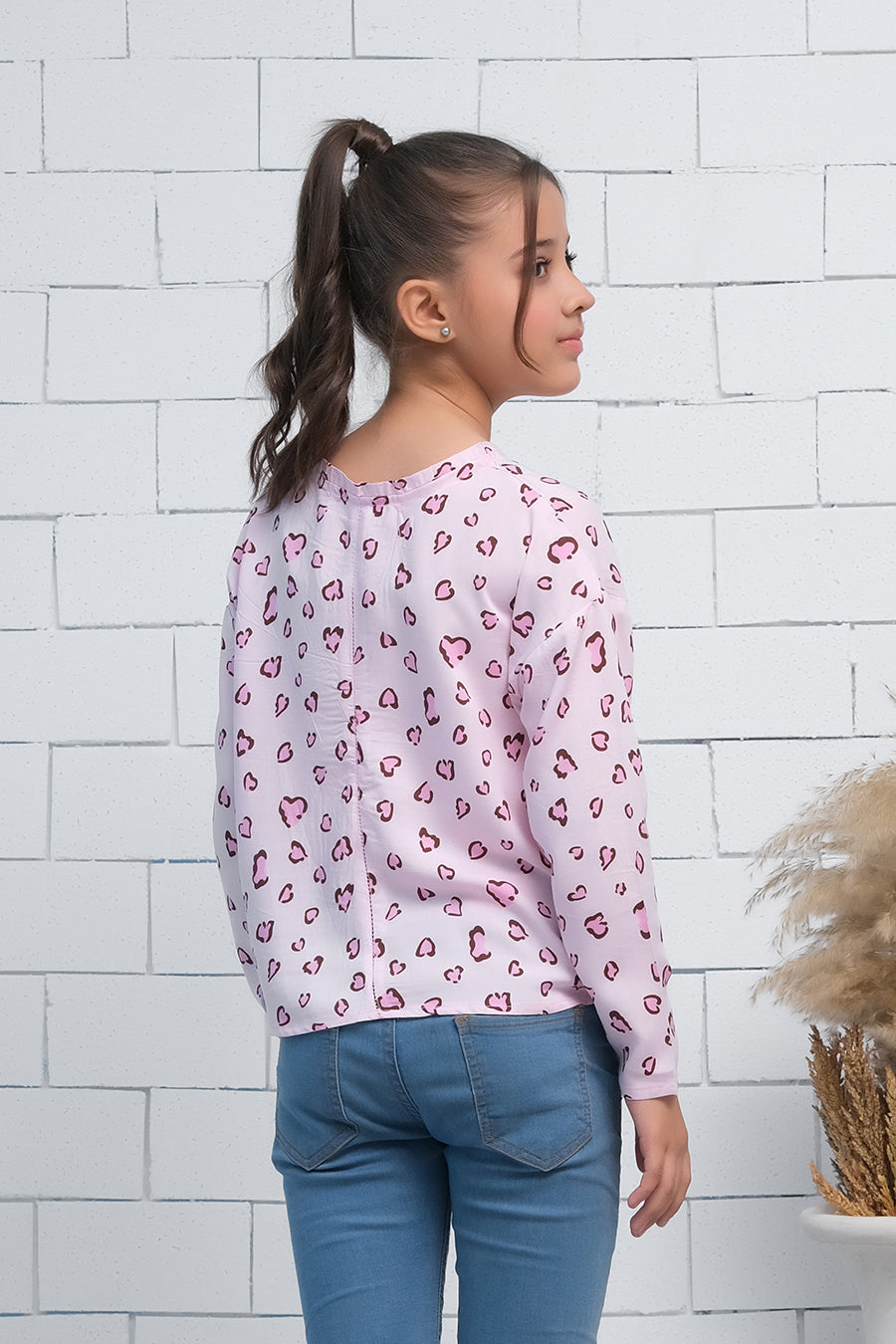 Pink Allover Leaves Print Boat Neck Long Sleeves Print Top - Fabric - shirts, topsshirts, kids-clearance - Sprinkles Pakistan