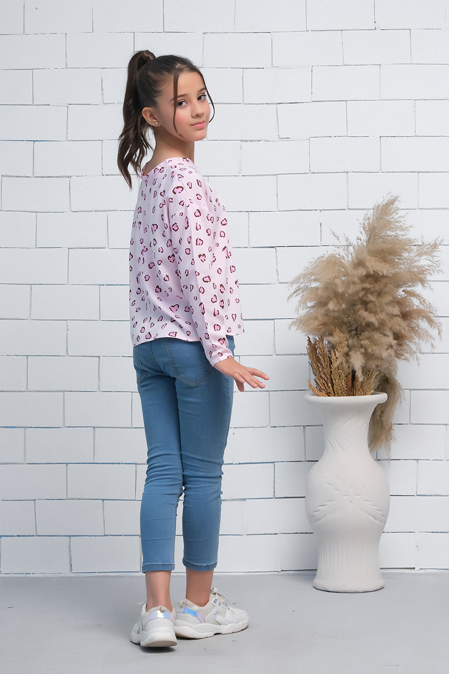 Pink Allover Leaves Print Boat Neck Long Sleeves Print Top - Fabric - shirts, topsshirts, kids-clearance - Sprinkles Pakistan