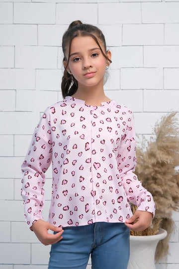 Pink Allover Leaves Print Boat Neck Long Sleeves Print Top