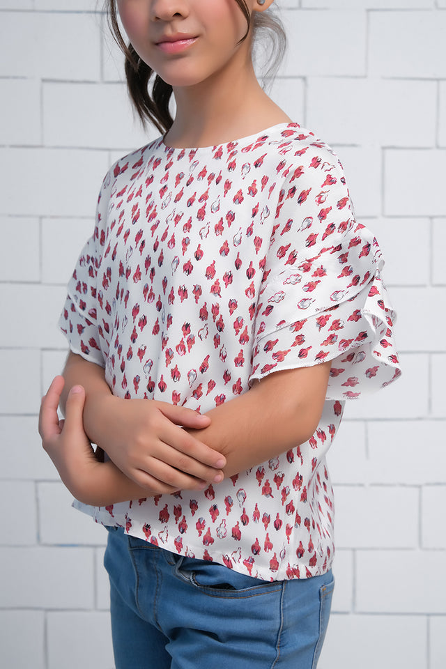 Pink Allover Tulips Print Half  Sleeves Print Top - Fabric - shirts, topsshirts, kids-clearance - Sprinkles Pakistan