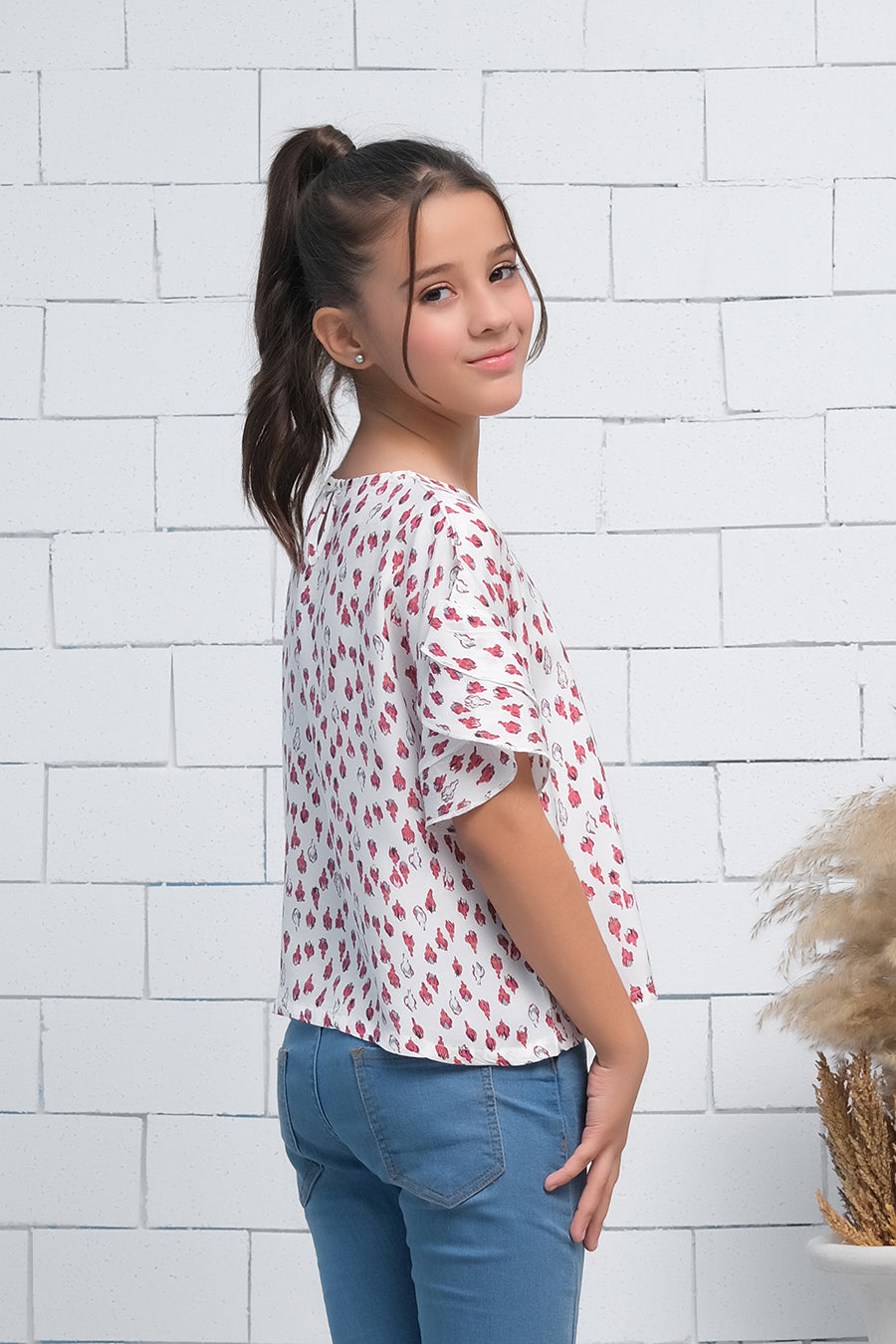 Pink Allover Tulips Print Half  Sleeves Print Top - Fabric - shirts, topsshirts, kids-clearance - Sprinkles Pakistan