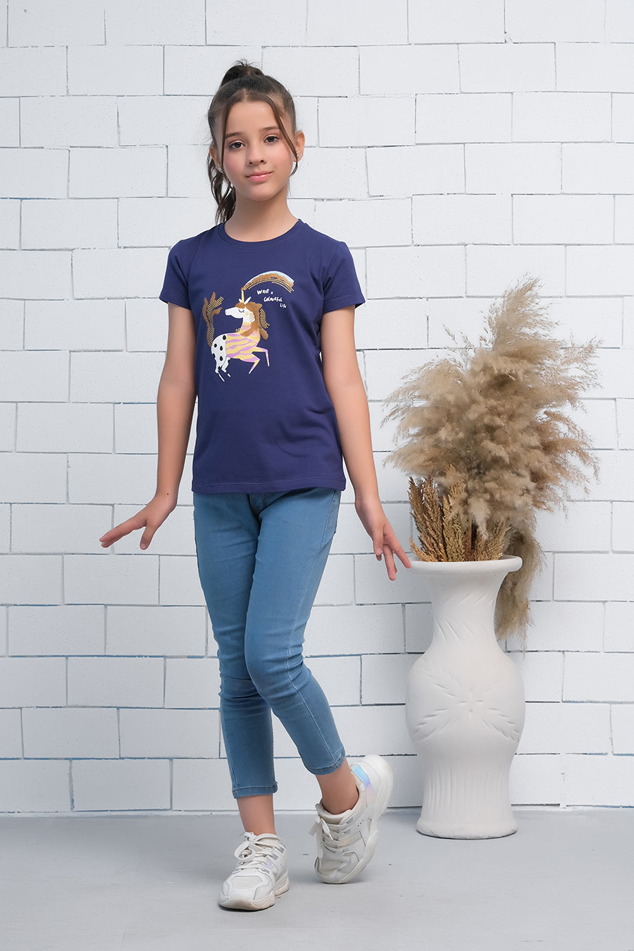 Navy Blue Short Sleeves Colourful Unicorn Print Tee - Cotton - Tee_clearance,grand-sale, t-shirts, kids-clearance - Sprinkles Pakistan