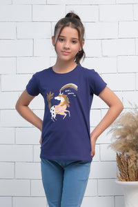 Navy Blue Short Sleeves Colourful Unicorn Print Tee - Cotton - Tee_clearance,grand-sale, t-shirts, kids-clearance - Sprinkles Pakistan