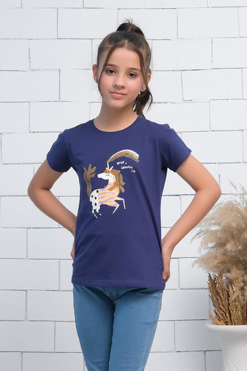 Navy Blue Short Sleeves Colourful Unicorn Print Tee