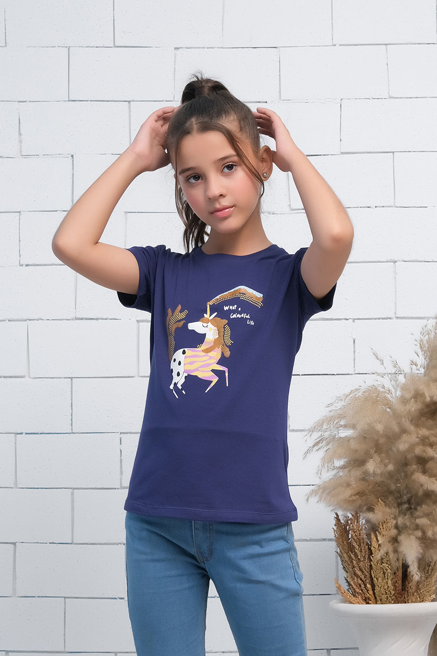 Navy Blue Short Sleeves Colourful Unicorn Print Tee