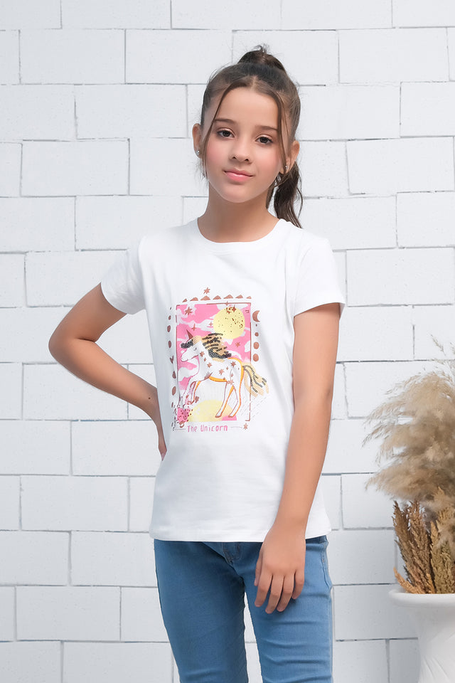 White Short Sleeves Unicorn Print Tee
