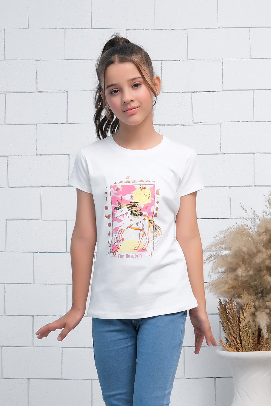 White Short Sleeves Unicorn Print Tee