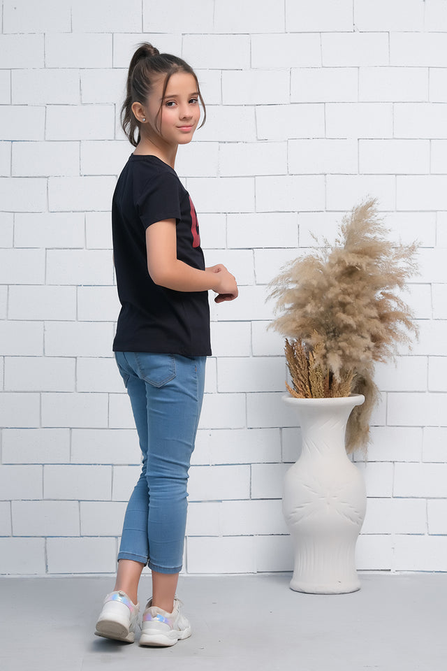 Black Short Sleeves Glow Print Tee