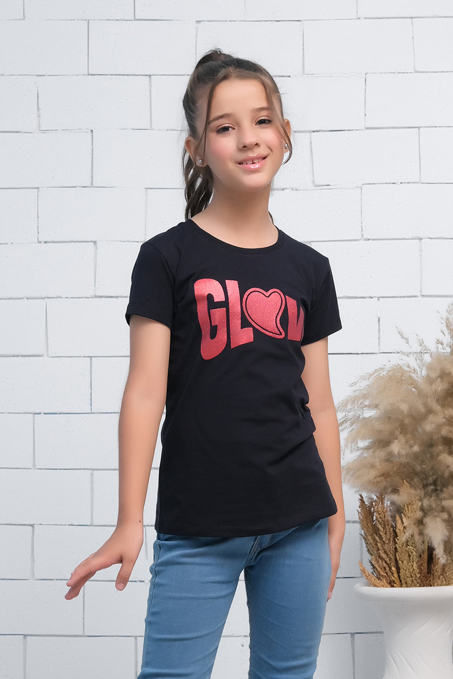 Black Short Sleeves Glow Print Tee