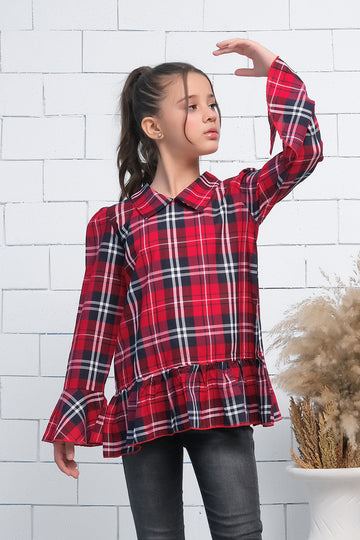 Red Colorblock Tartan Print Drop Shoulder Shirt