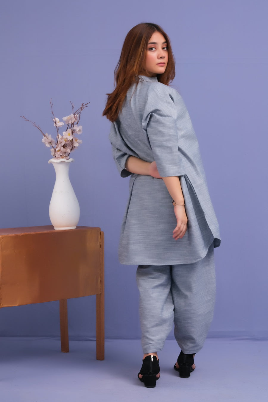 Grey Texture 2 Pcs Ready to Wear Set - Medium Tall Shirt with Trouser