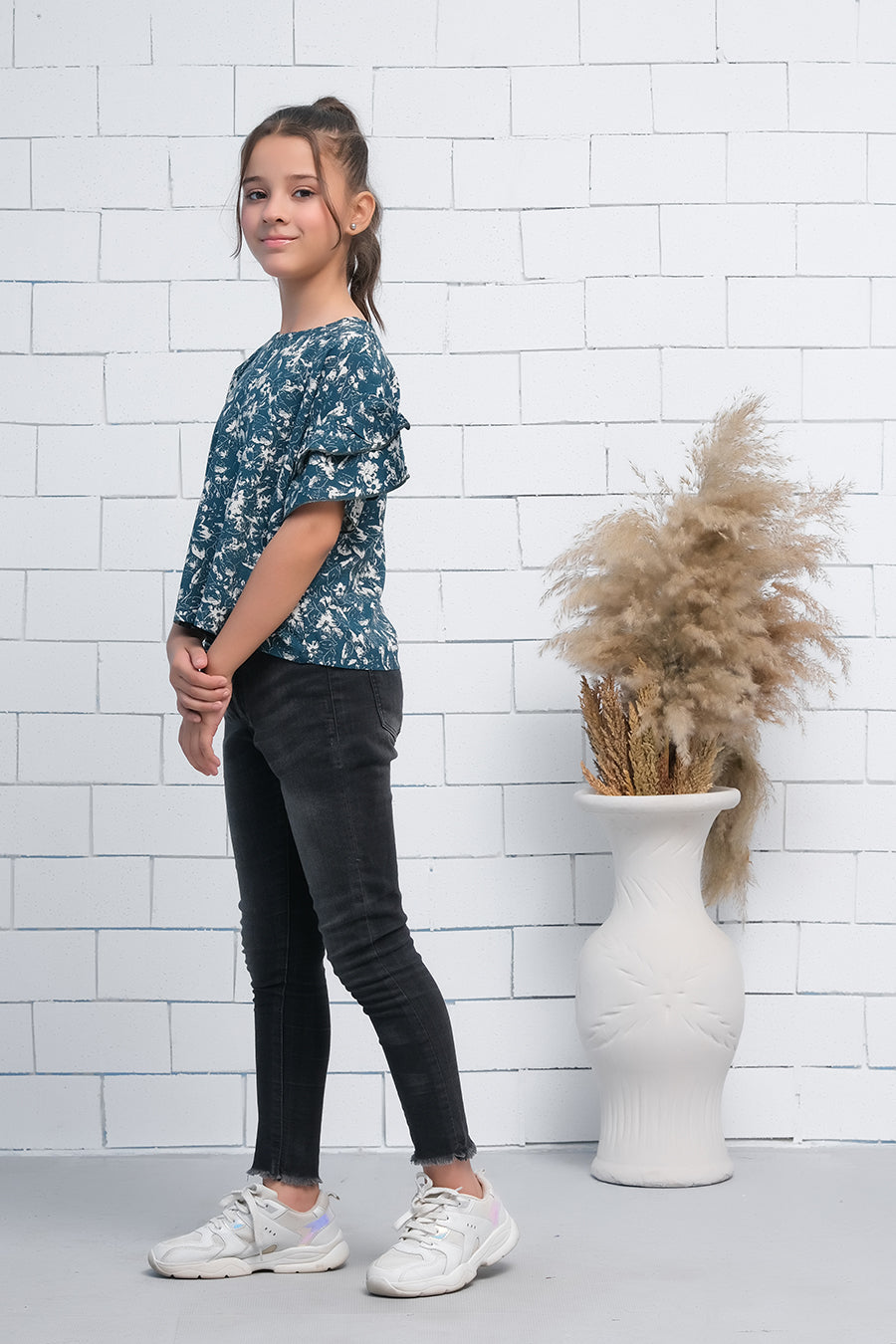 Teal Blue Ruffle Half Sleeves Top - Fabric - The Last Sprinkle - Sprinkles Pakistan