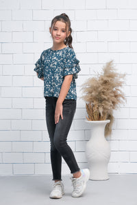 Teal Blue Ruffle Half Sleeves Top - Fabric - The Last Sprinkle - Sprinkles Pakistan
