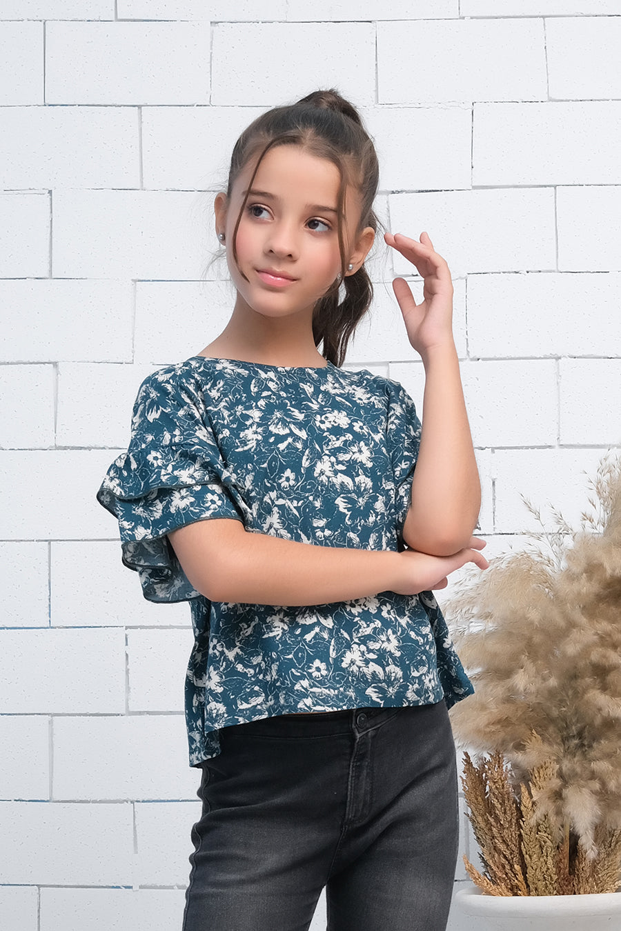 Teal Blue Ruffle Half Sleeves Top - Fabric - The Last Sprinkle - Sprinkles Pakistan