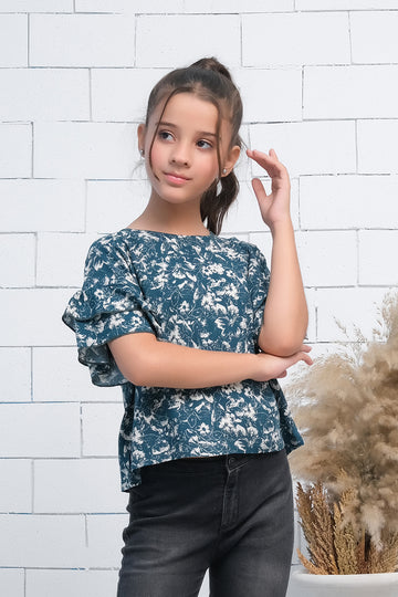 Teal Blue Ruffle Half Sleeves Top