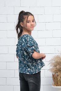Teal Blue Ruffle Half Sleeves Top - Fabric - The Last Sprinkle - Sprinkles Pakistan