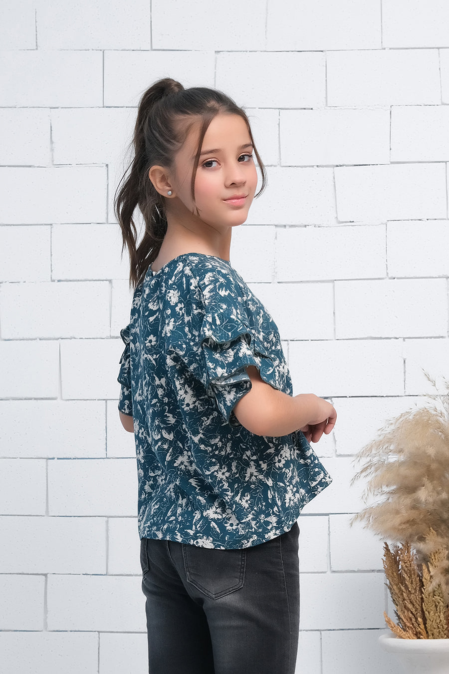 Teal Blue Ruffle Half Sleeves Top - Fabric - The Last Sprinkle - Sprinkles Pakistan