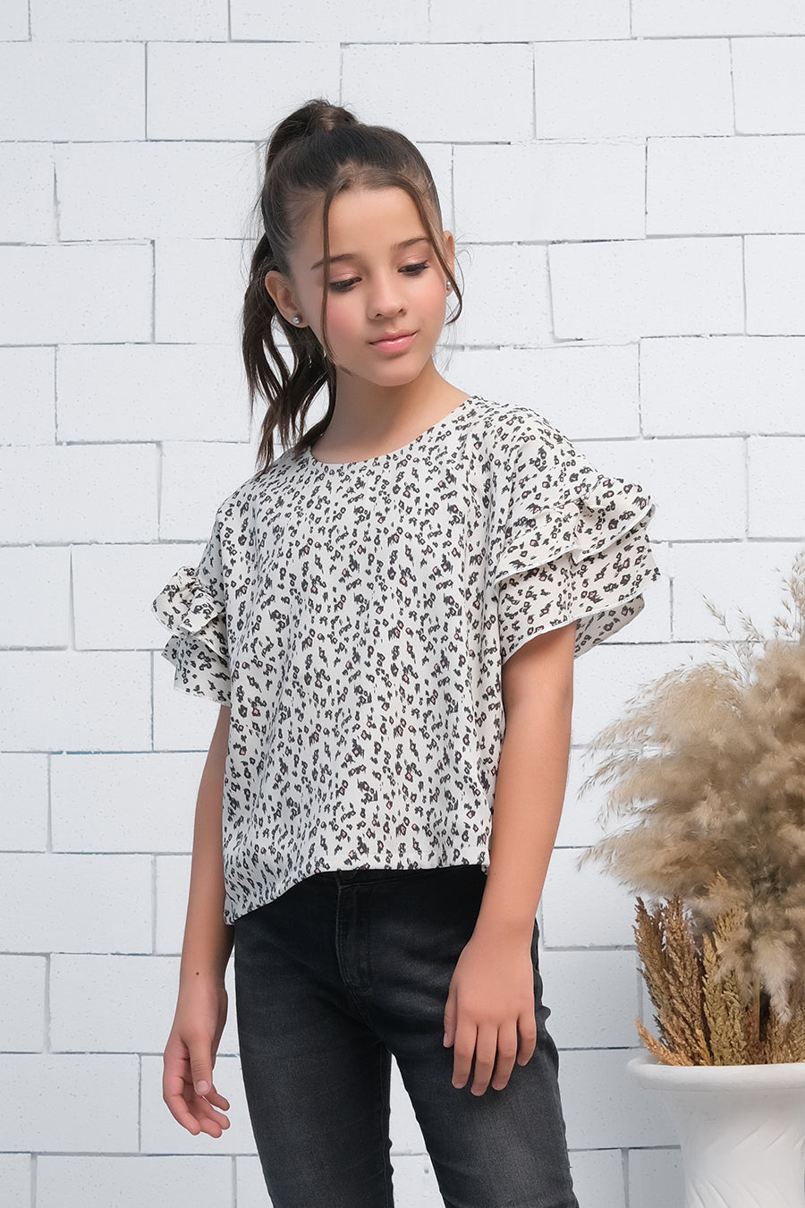 Cheetah Print Ruffle Half Sleeves Top